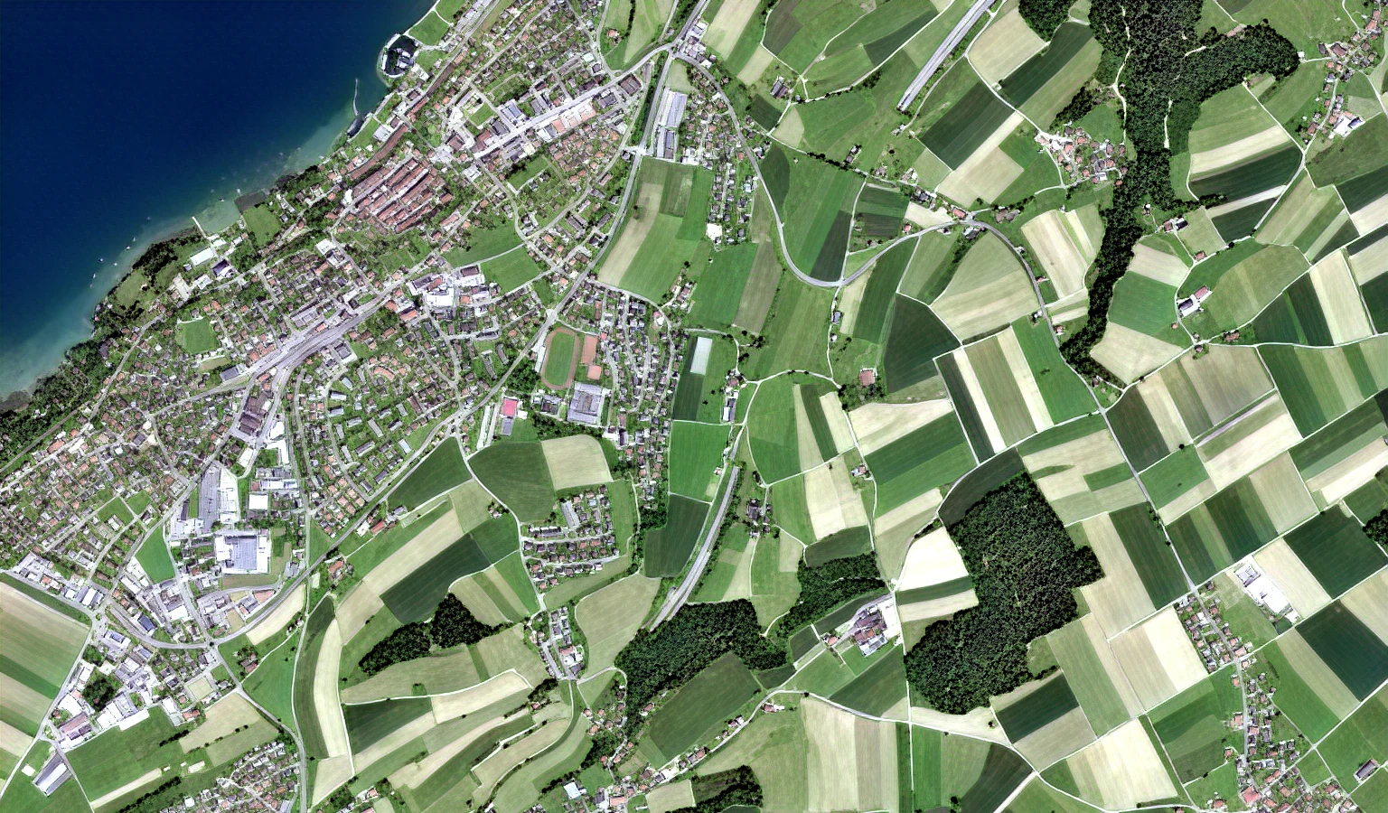 The same view of Murten, super-resolved to 2.5 m